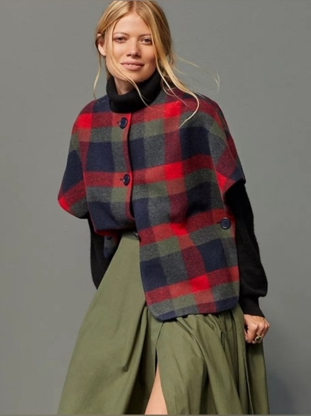Maeve Anthropologie Plaid Red Check Cropped Cape One Size Flannel Fall Winter